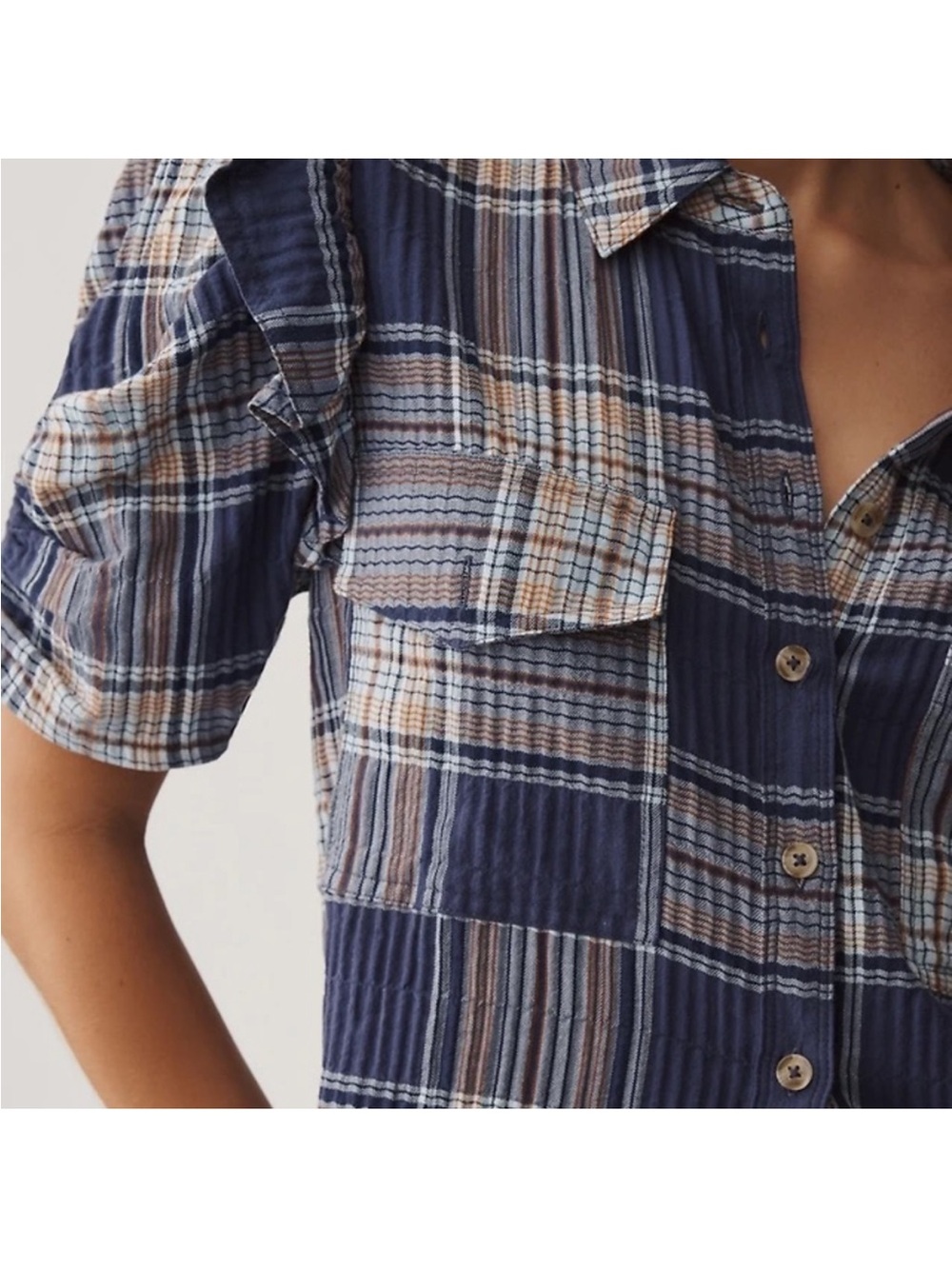 Pilcro Anthropologie Ozzi Plaid Ruffle Sleeve Button Down Shirt Size S Blue - Picture 2 of 3